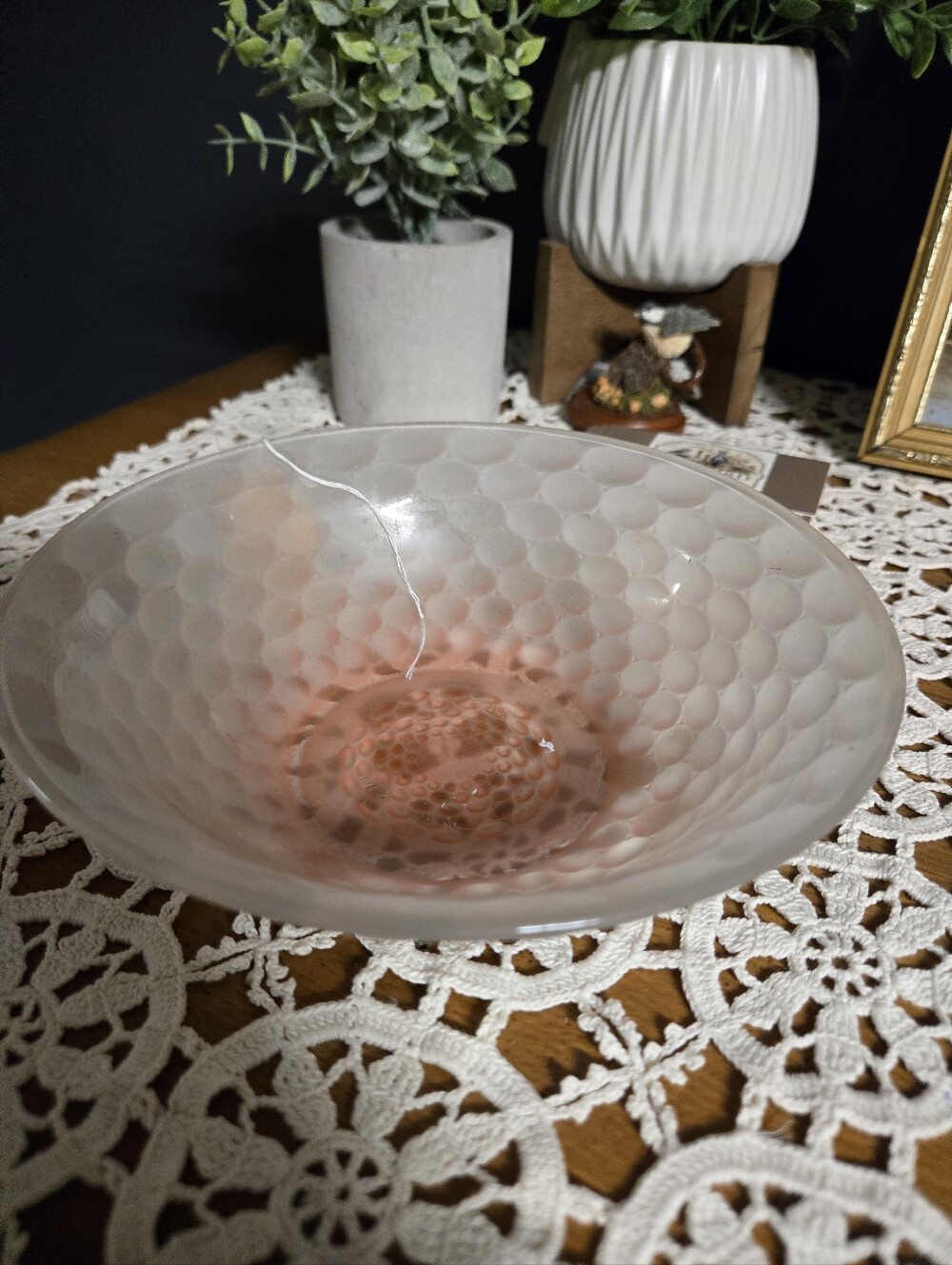 Pink Frosted Bubble Glass Bowl – Mid-Century Style